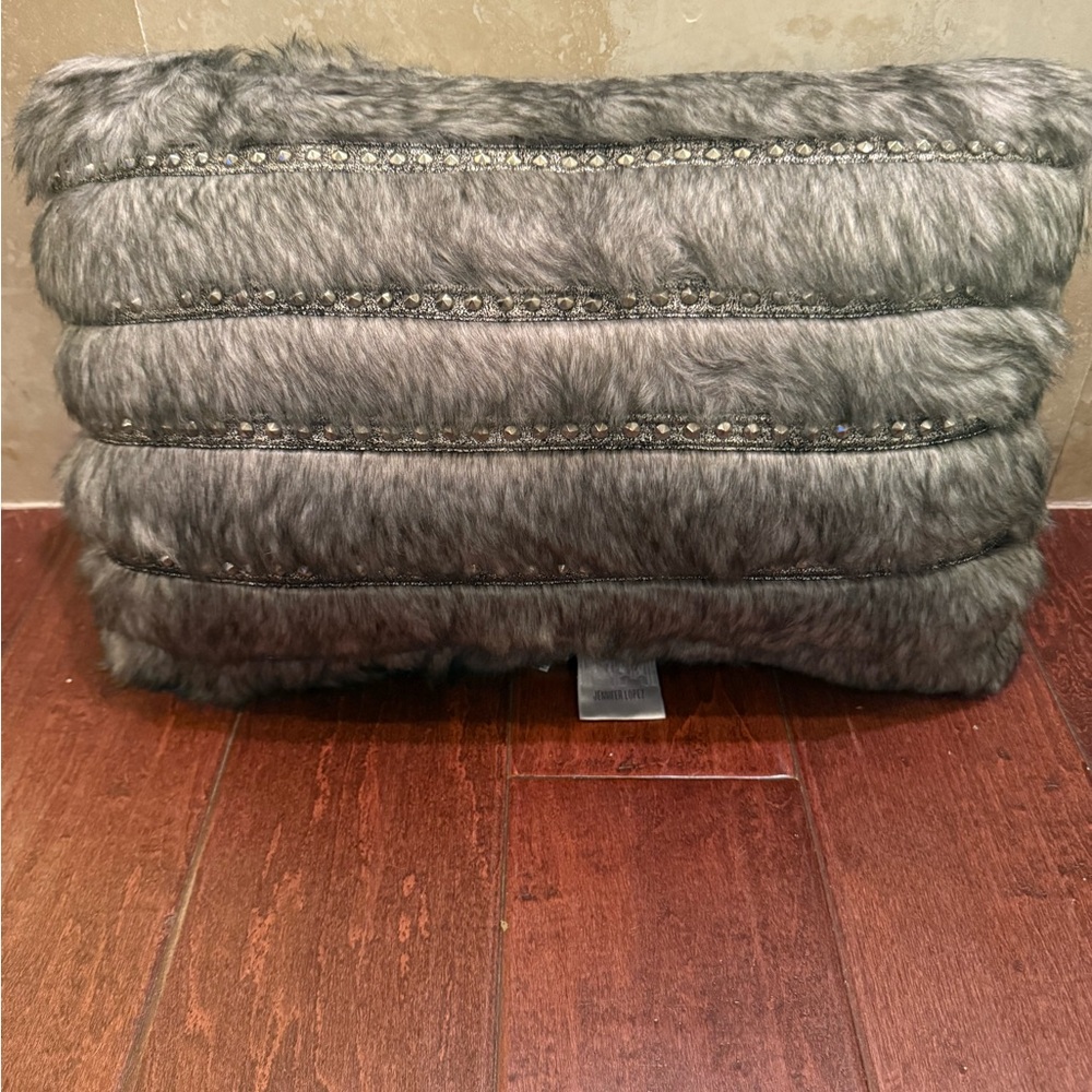 Jennifer Lopez Gray Faux Fur Pillow with Studded Detail